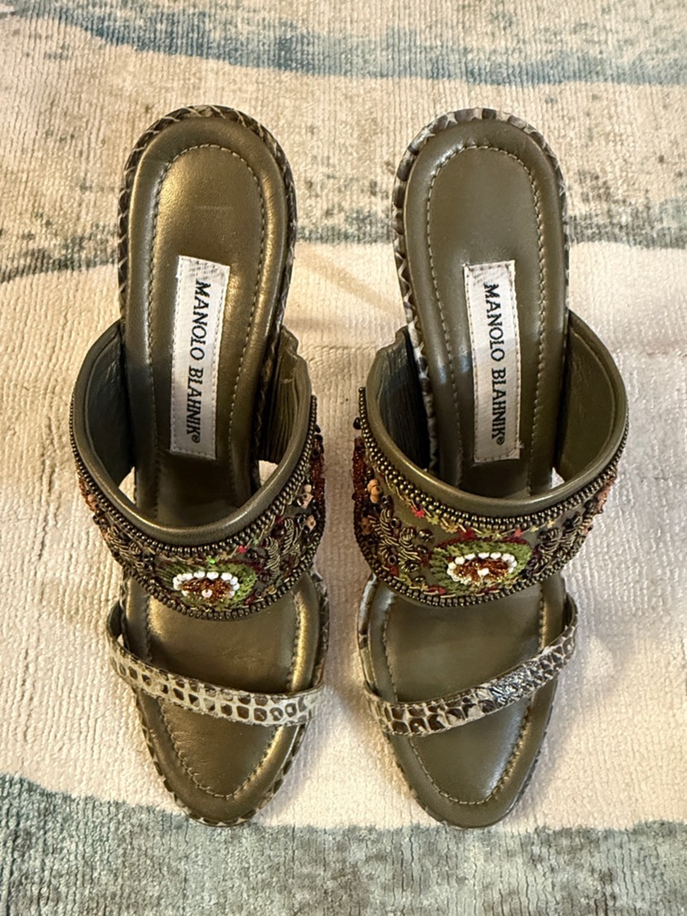 Manolo Blahnik Olive Beaded Snake Embellished Slide Heels Sandals 36 1/2